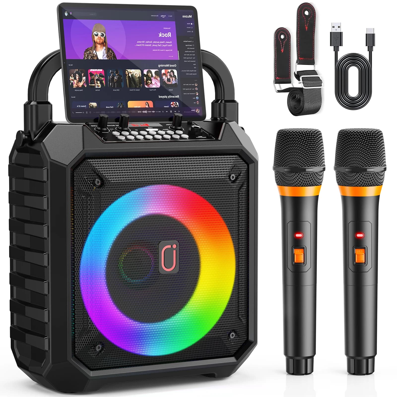 T17-T Macchina per Karaoke con 2 Microfoni, Altoparlante Bluetooth Portatile con Luci DJ per Feste e Attività all'Aperto, Sistema PA