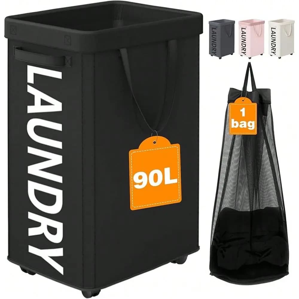 Pack 90L Rolling Laundry Basket With Wheels, 29 IN Hamper With Wheels And Removable Mesh Bag, Black Laundry Baskets On Wheels F