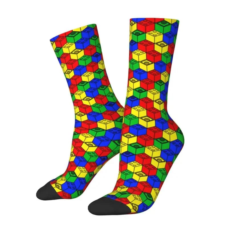 Sports football socks with hot 3D printing for women and men with custom multicolored building blocks