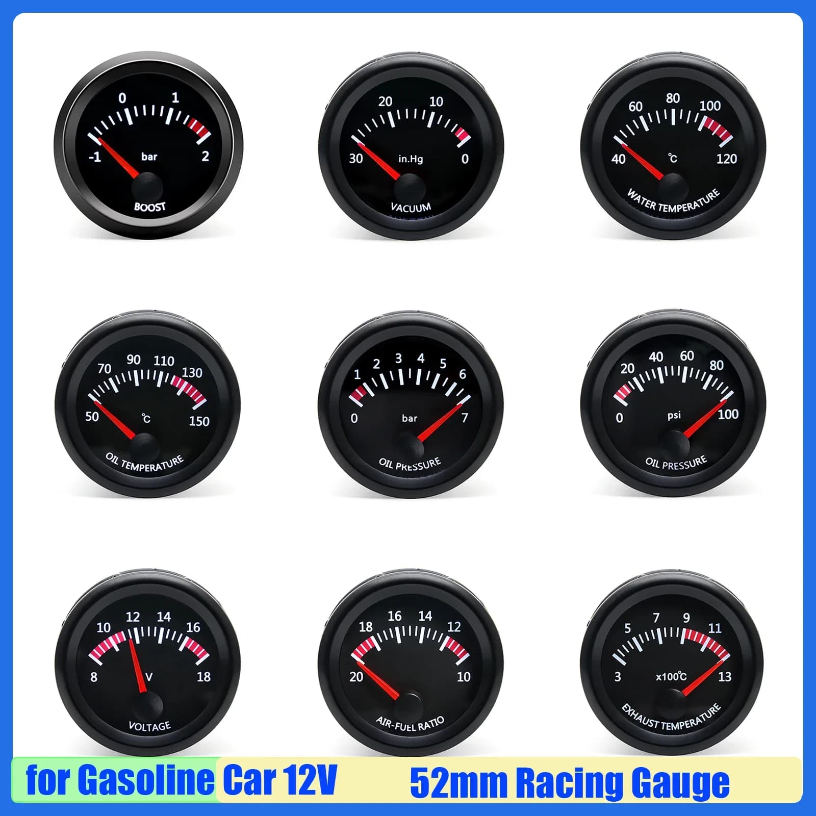 MAIMEIMI Auto Car 52MM Misuratore di temperatura acqua/olio Turbo Boost Meter Pressione olio BAR PSI Rapporto aria combustibile Ext Temp Vuoto 12V
