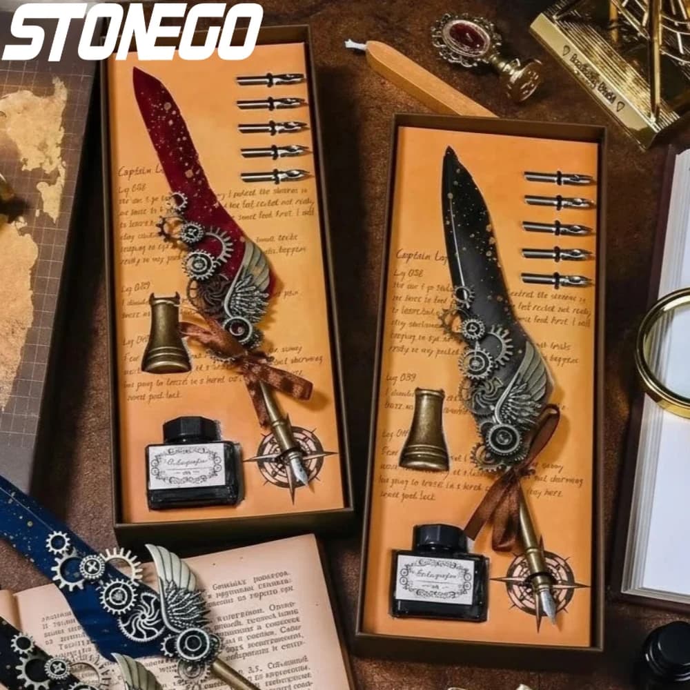 Vintage Wing Design Dip Pen Set Classic Feather Calligraphy Art Signature Craft with 15ml Ink Bottle