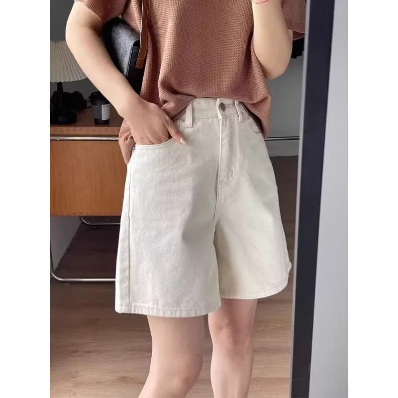 Shorts in Denim da Donna Bianchi a Gamba Dritta Casual a Vita Alta Estivi Nuovi Slim Fit Versatili