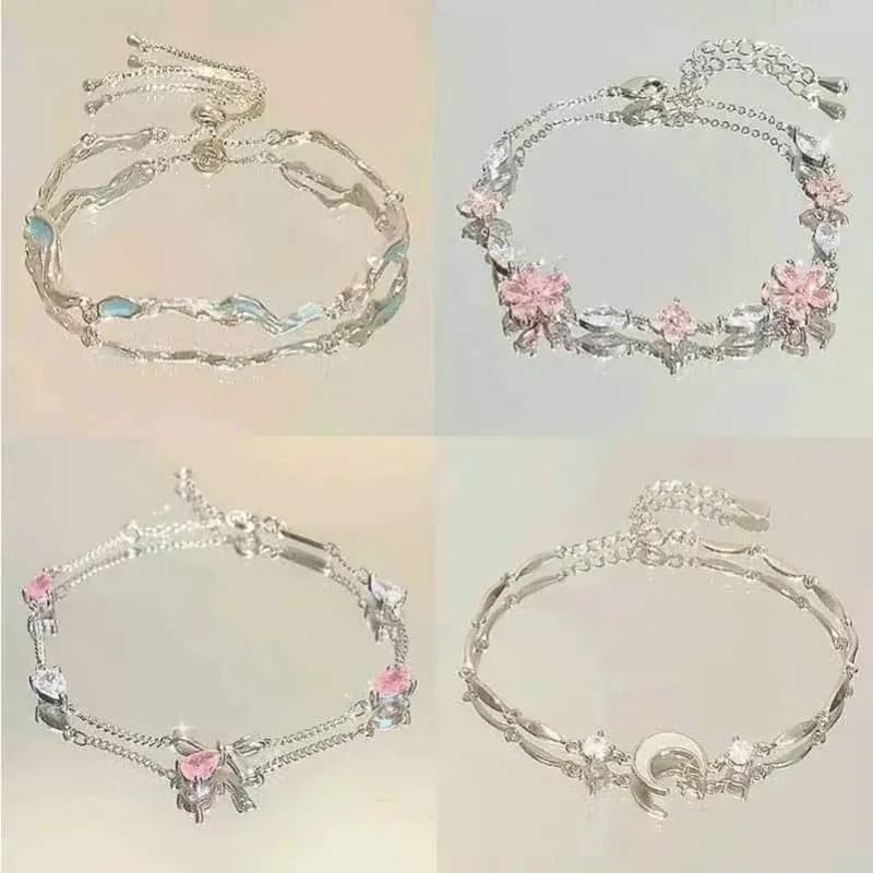 Elegante braccialetto con fiori di cristallo per le donne Y2K Sweet Girls Luna Cherry Blossom Bow Braccialetti con zirconi Regalo di gioielli di design di lusso