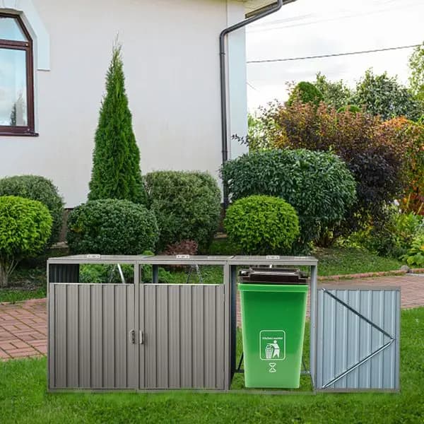Casetta per Bidoni della Spazzatura, Contiene 3 Bidoni, Casetta Metallica per Esterno per lo Stoccaggio dei Rifiuti, in Acciaio Inox Galvanizzato