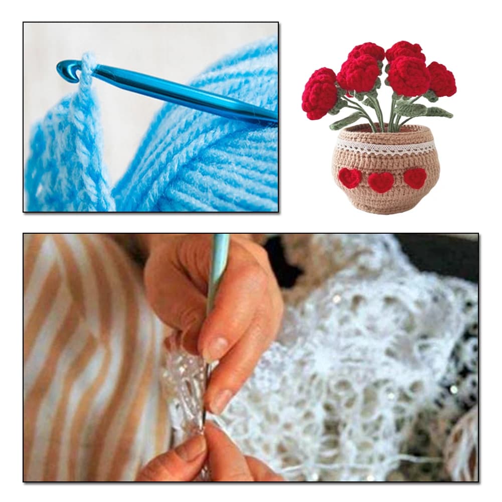 Kit all'uncinetto in vaso di fiori fai-da-te Piante carine Strumento lavorato a mano per bambini (rosa rossa)