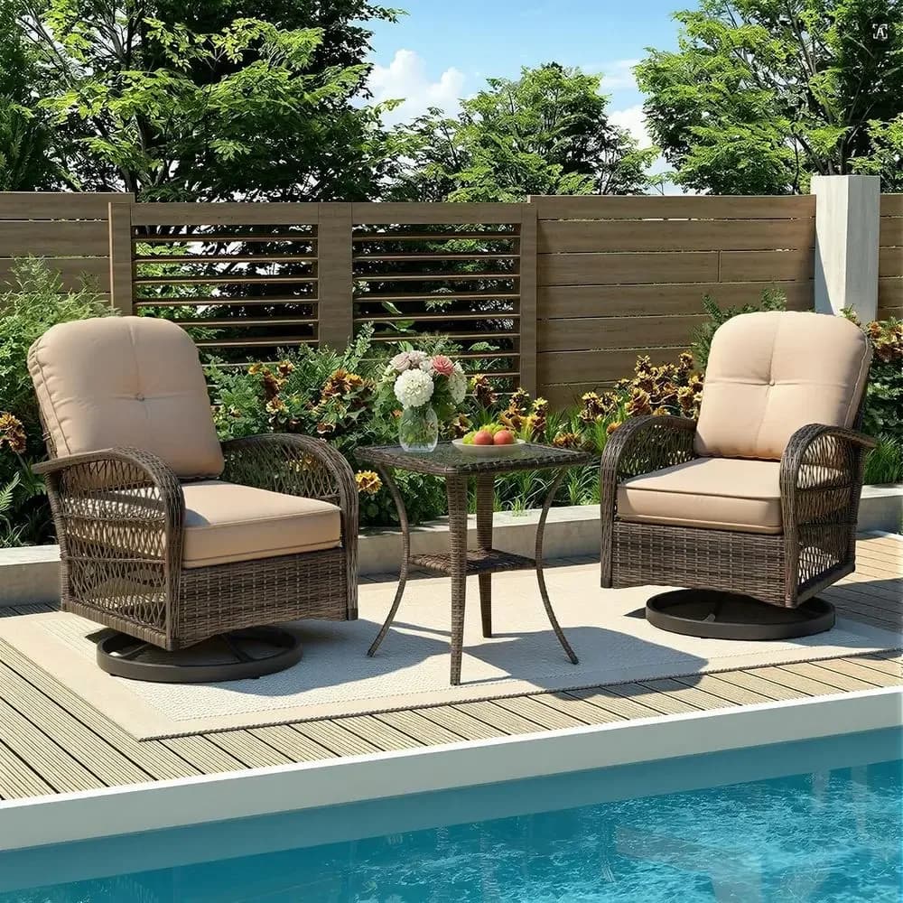 3-Piece Outdoor Swivel Rocker Set with Wicker Bistro, Rocking Chair, Cushions, and Glass Table - Khaki