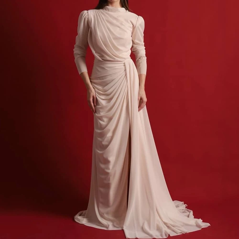 Abiti da sera a sirena personalizzati Abito da ballo a maniche lunghe con collo alto lungo fino al pavimento Abito da festa senza schienale drappeggiato semplice con pieghe Fsahion