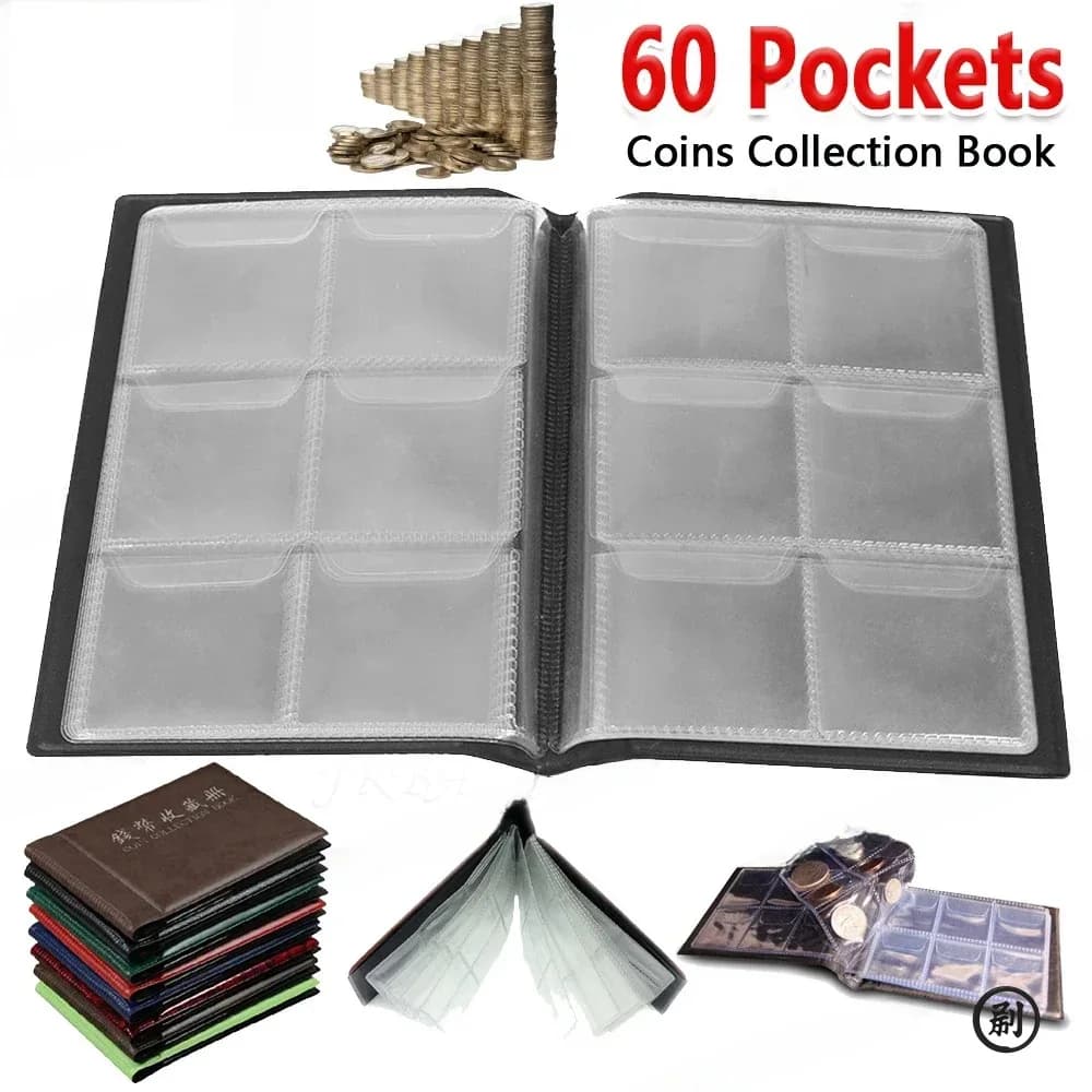 Collection of 60 Pocket Artificial PU Leather Commemorative Coins Album Book Collecting Money Organizer Handbags Book Bearings