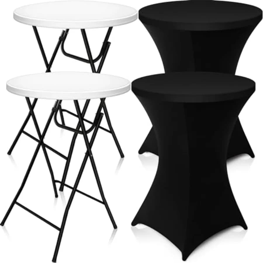 2 Set di Tavoli da Cocktail Rotondi Pieghevoli Alti 32 Pollici Bianchi con Gambe Rimovibili e Copritavolo Elasticizzato in Spandex 32"x43"