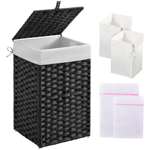 Cesto Portabiancheria Greenstell con Coperchio, Cesto Portabiancheria da 60L con 2 Sacchi Rimovibili e 2 Sacchi in Rete, Intrecciato a Mano in Rattan Sintetico