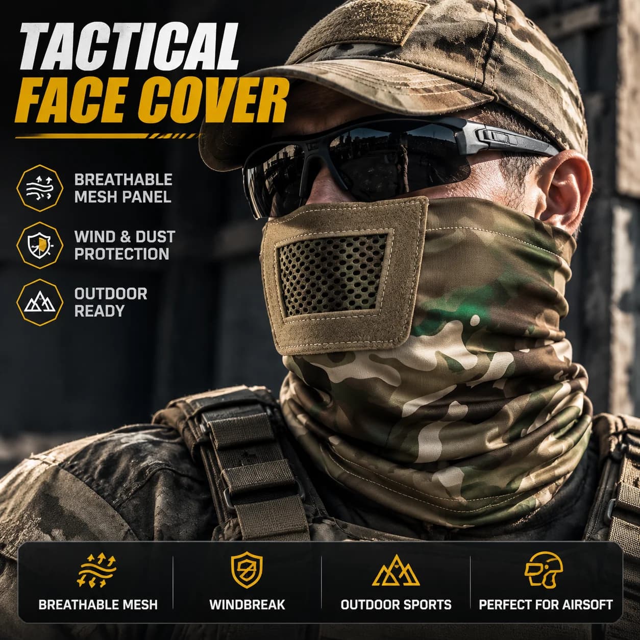 Tactical Face Mask Balaclava Neck Gaiter Camo Mesh Breathable Cover Hood for Airsoft CS Game Outdoor Cycling Hunting Motorcycle