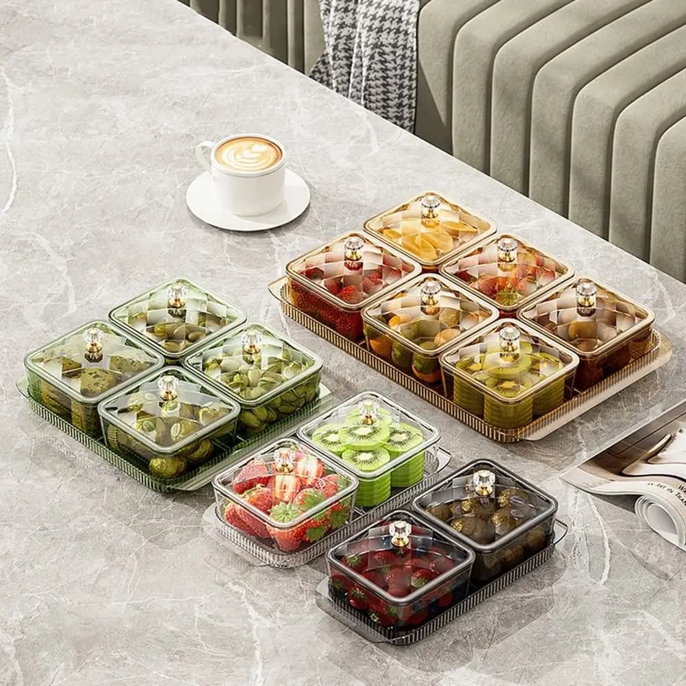 2/4/6 Grills Fruit plate Dividing dish Anti-dust plastic dessert tray for anti-slip snacks with lid Food containers
