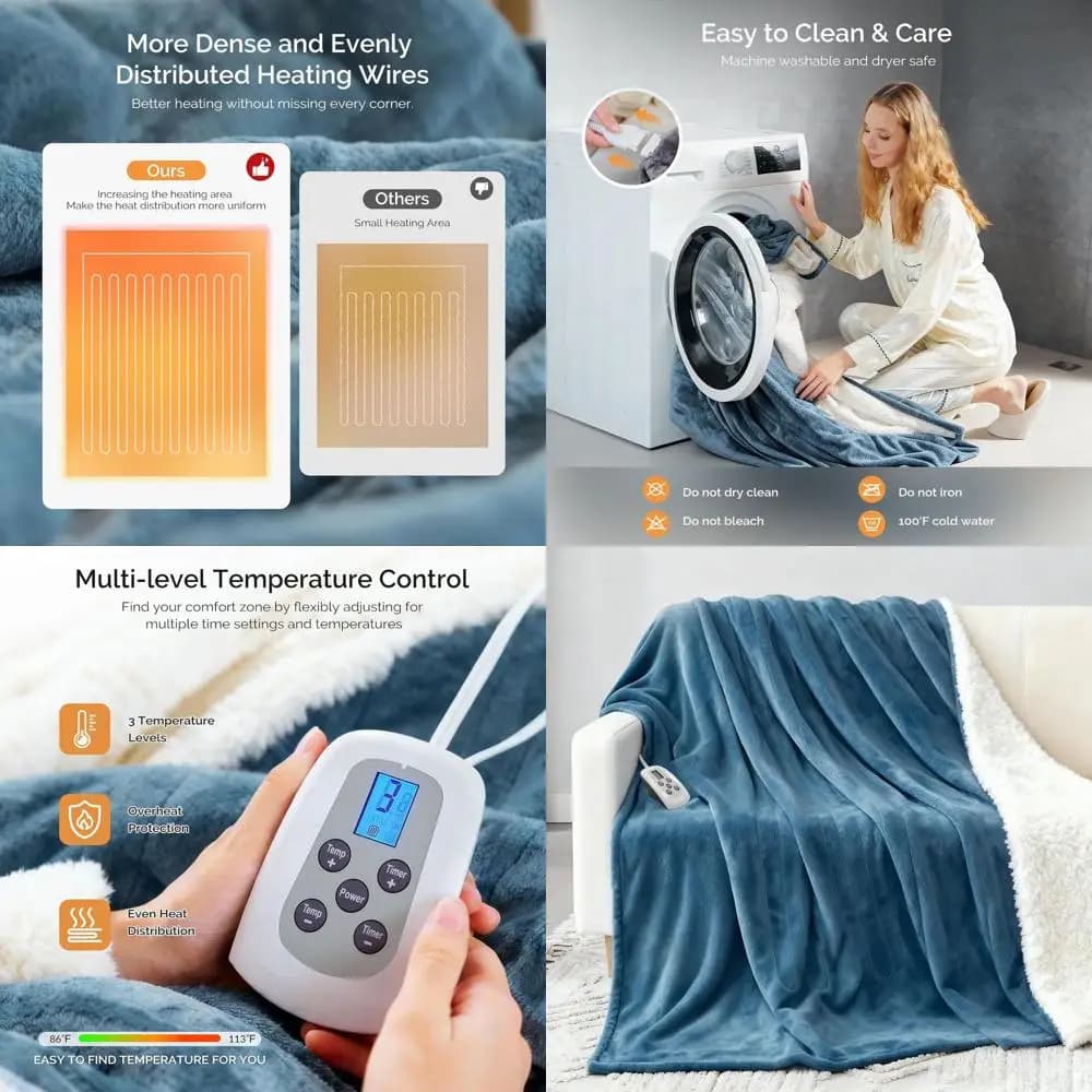 Coperta riscaldante elettrica King Size 100x90 con doppi controlli, 10 impostazioni di calore, spegnimento automatico di 10 ore, protezione dal surriscaldamento, flan morbido
