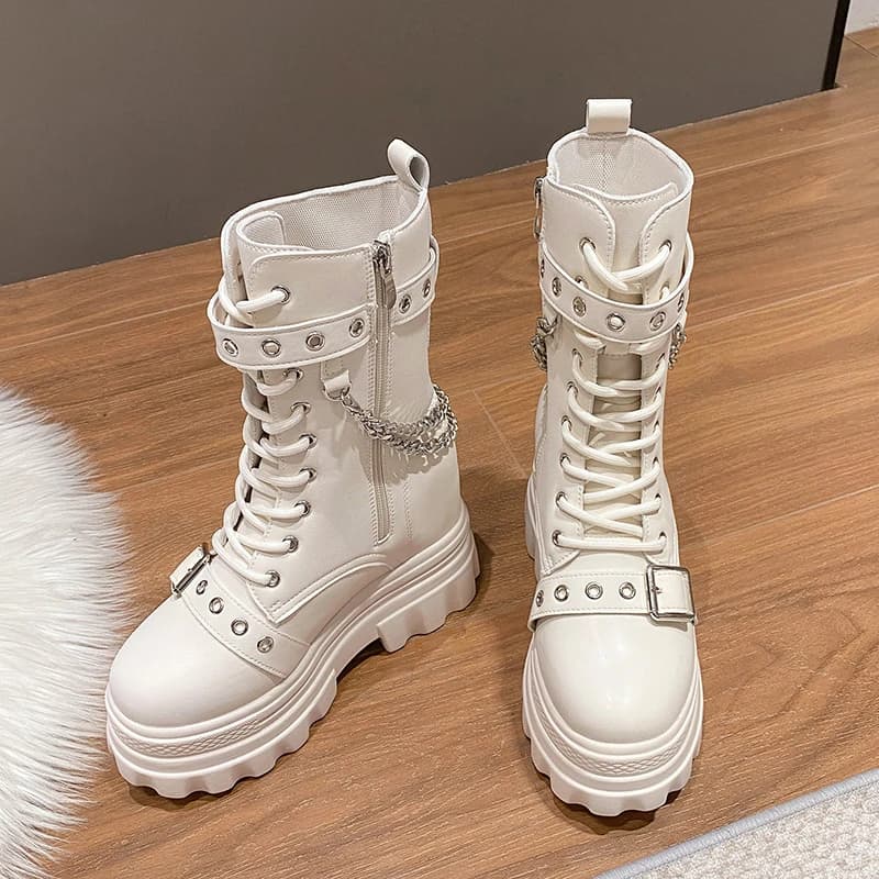 Stivaletti con tacco spesso autunno donna 11,5 cm sneakers robuste tacchi alti piattaforma invernale scarpe in pelle donna stivali punk con catena in metallo