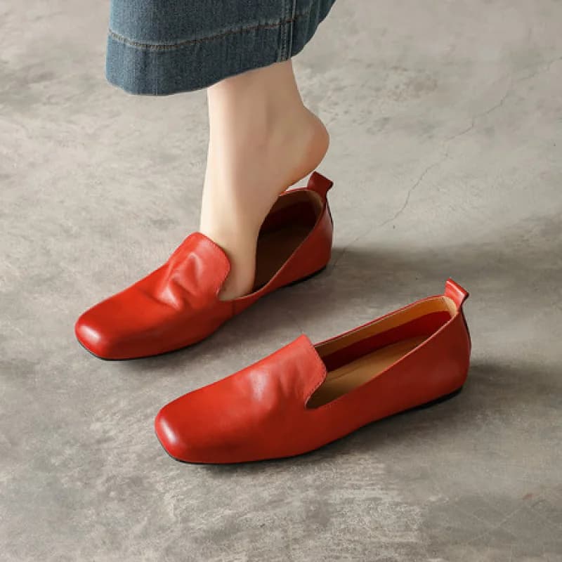 Ladies Ultra Soft Washed Cowhide Loafers Square Toe Low Heel Rubber Sole Slip-on Comfortable Daily Leather Shoes High QualitG223