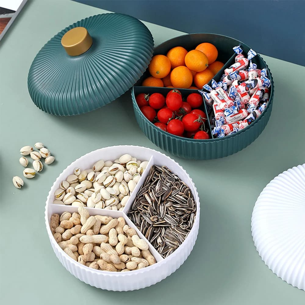 Vassoio Portavivande con Coperchio, 4 Scomparti, per Snack, Frutta Secca, Caramelle e Noci