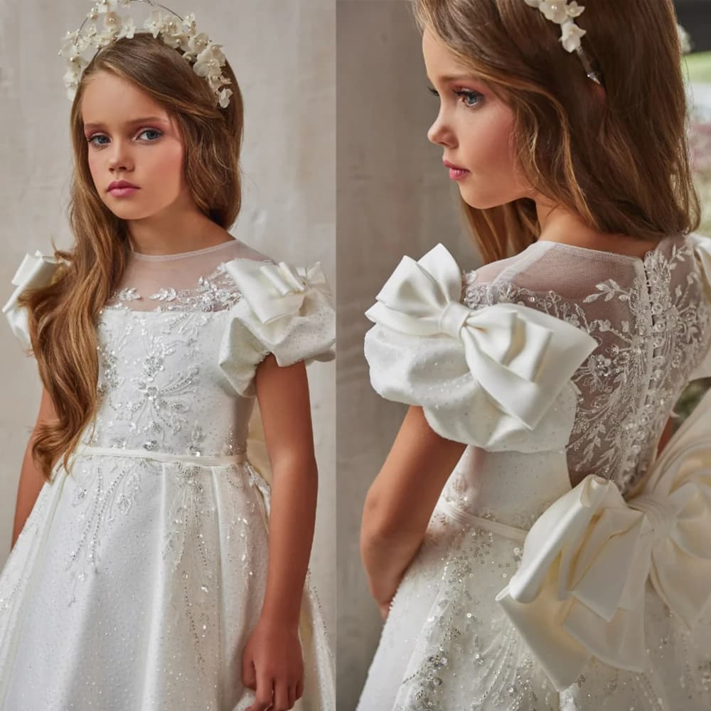 Abito da ragazza di fiore in raso con applicazioni bianche in pizzo per abito da ballo da prima comunione con collo da sposa Todder gonfio da principessa