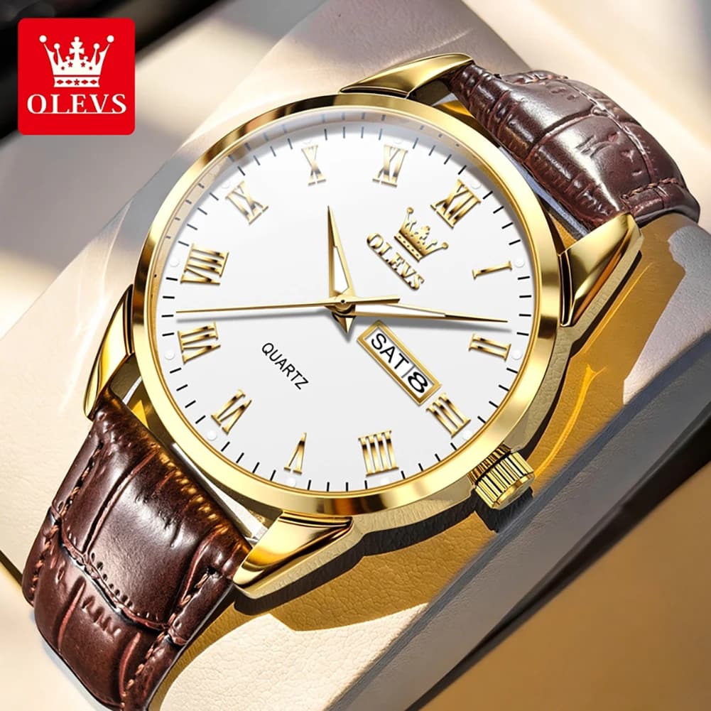 OLEVS 5892 Watch at the Original Quartz, Simple Design with Leather Strap, Roman Scale, Double Calendar, Men's Watch for Business, Bright and Waterproof