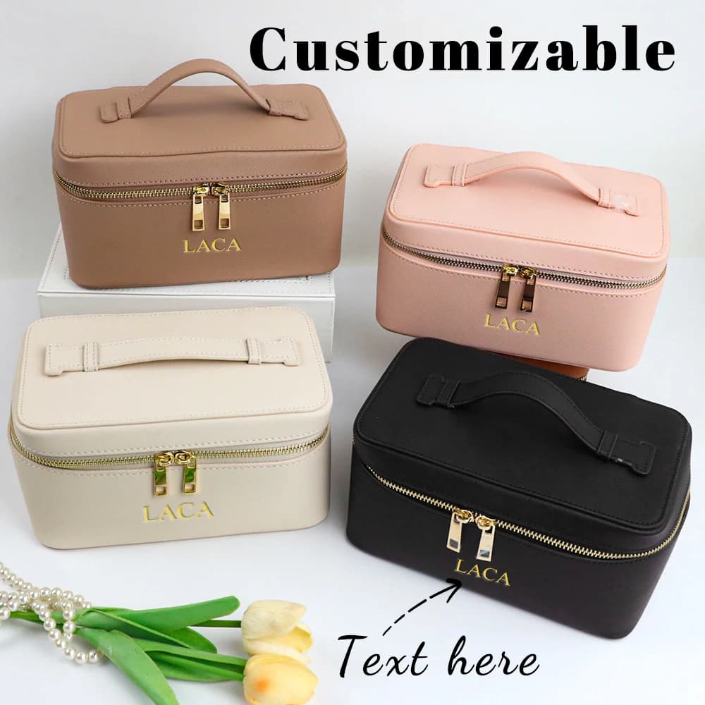 Borsa per scatola per prodotti da bagno da viaggio da donna in vera pelle con nome personalizzato, scatola per borsa per trucco portatile sospesa, scatola per borsa per trucco multi-set