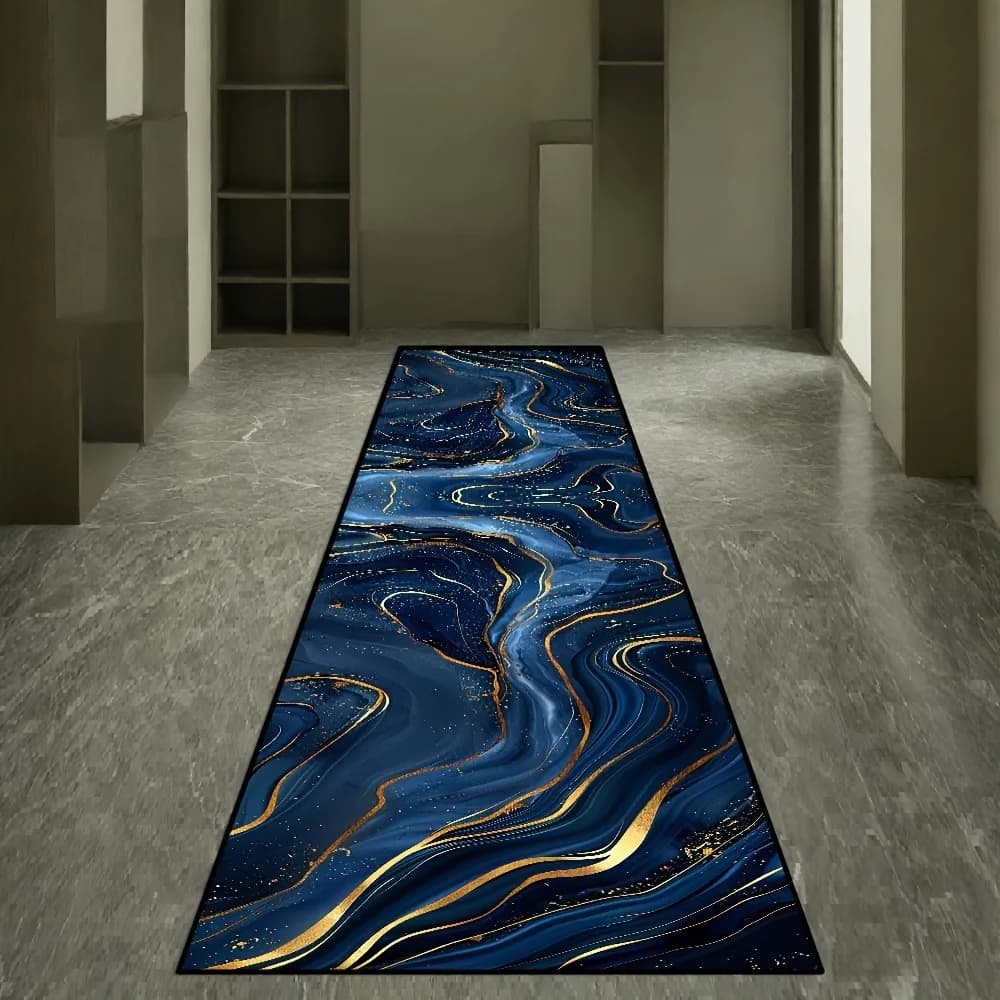 Tappeto Lungo in Marmo Blu con Venature Dorate, Lussuoso Tappeto Astratto con Arte Fluida per Corridoio, Tappetino Antiscivolo per Soggiorno e Camera da Letto