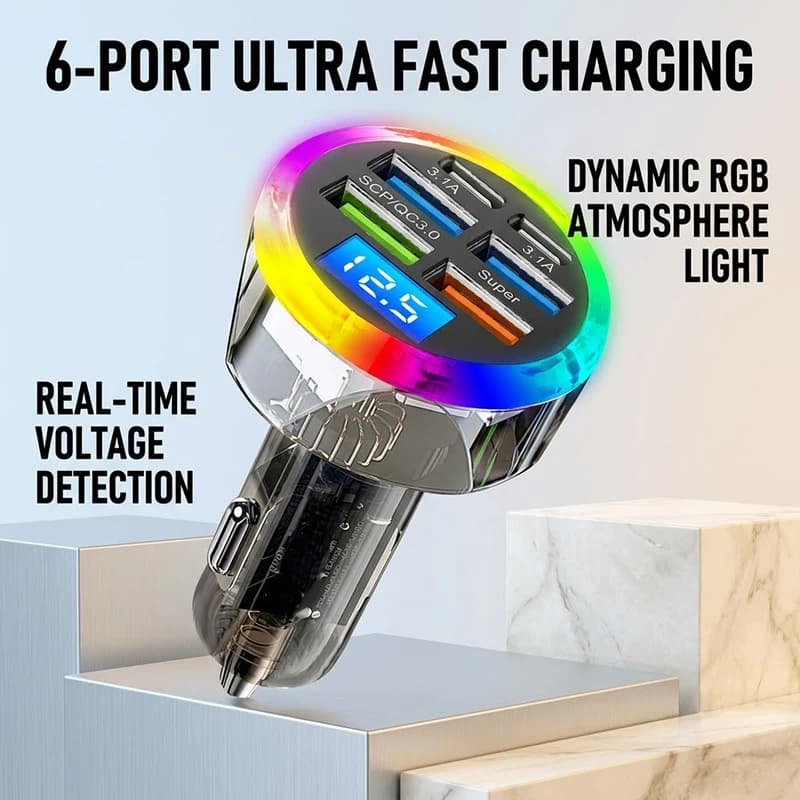 LED Voltage Display 6-Port USB C Car Charger 200W High Power Fast Charging Cigarette Lighter Adapter RGB Light For Cars