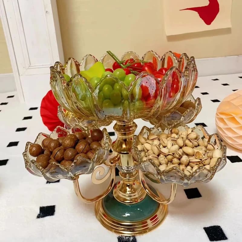 Grande vassoio per caramelle a 5 griglie, vassoio rotante per frutta secca, snack multistrato, in cristallo, con base in lega