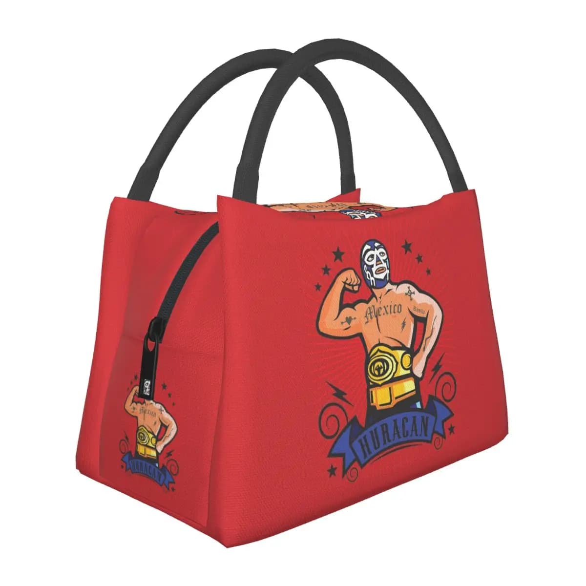 Colorful lunch bag with Mexican luchador, for school, food container, thermal lunch bag