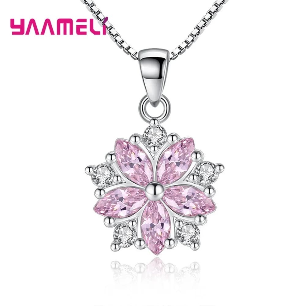 Collane con ciondolo in argento sterling 925 Delicata collana di zirconi di cristallo con fiori di ciliegio rosa per regalo di gioielli per feste da donna