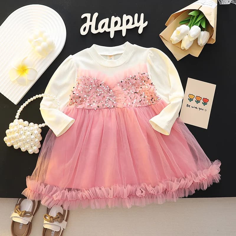 Abiti per bambini Ragazze Cotone Manica lunga Paillettes Pizzo Principessa Abiti per bambini Primavera Elegante Compleanno Abbigliamento Spettacolo Costume