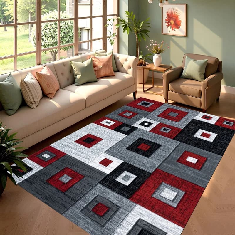 Tappeto Geometrico in Stile Nordico, Antiscivolo e Lavabile, Design Quadrato Rosso e Nero Minimalista per Soggiorno e Camera da Letto