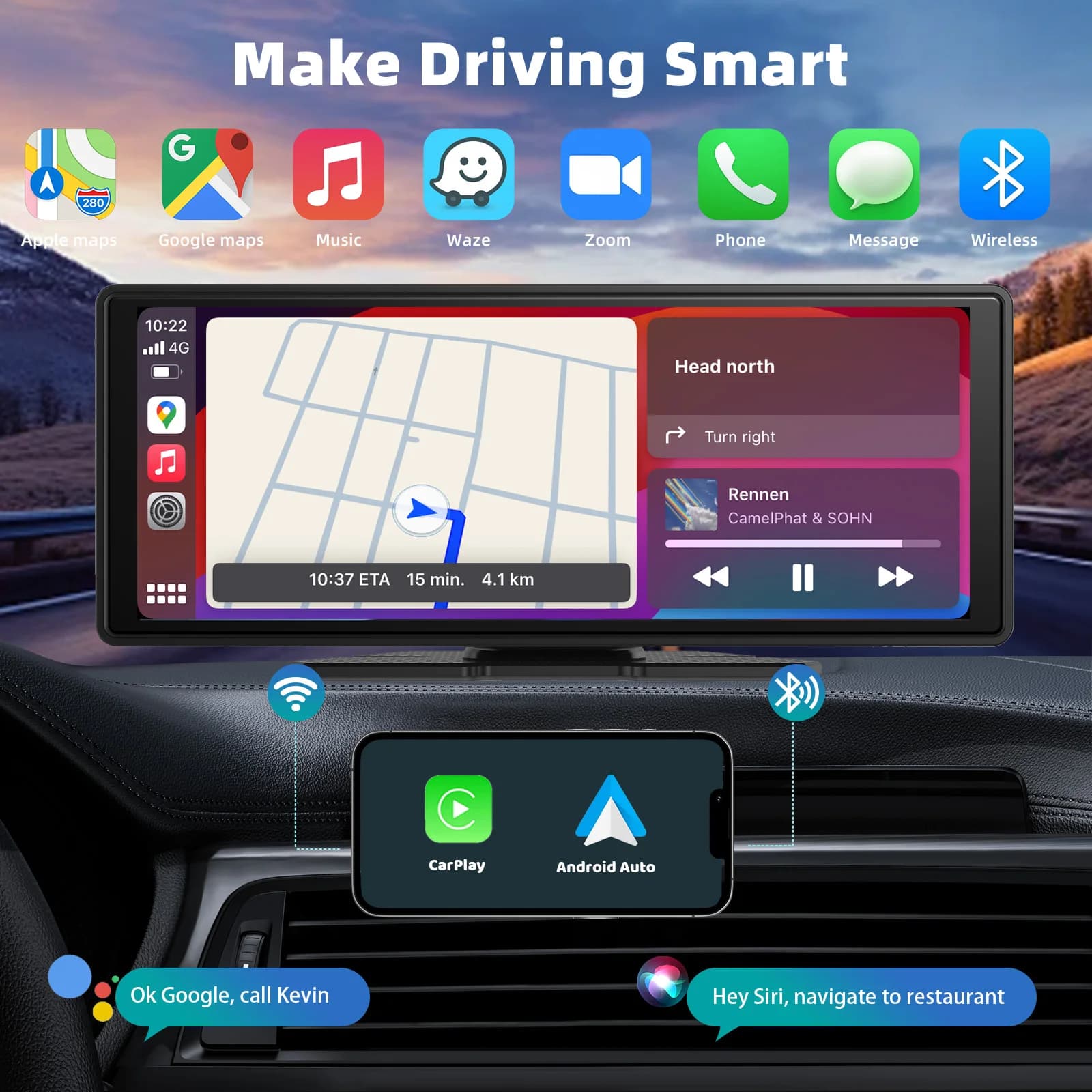 Carplay portatile universale per schermo per auto, schermo Carplay wireless Stereo per auto wireless con Carplay Android Auto, touchscree per auto
