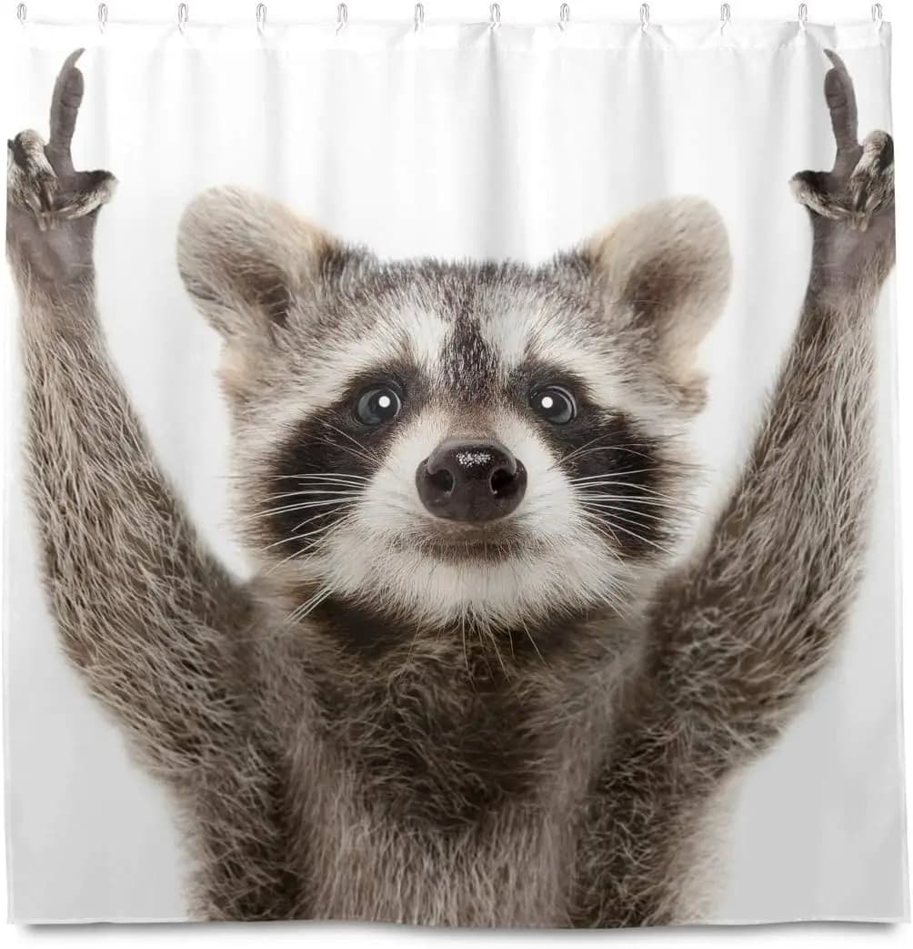 Divertente tenda da doccia procione, motivo a tema animali stampato durevole tenda da doccia impermeabile decorazione del bagno, 12 ganci