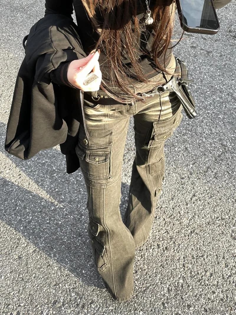 Pantaloni Cargo da Donna Stile Americano High Street, Multi-Tasche, Abbigliamento da Lavoro, Jeans Estivi Slim Fit Micro-Flare a Gamba Lunga