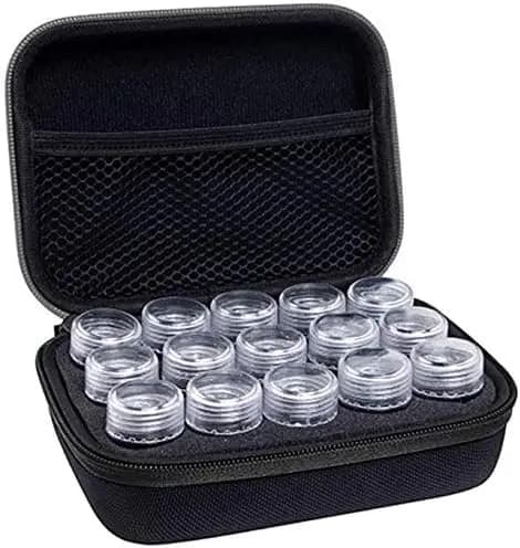 Organizer per Pillole da Viaggio con 15 Piccoli Flaconi Divisi ed Etichetta Scrivibile, Graziosa Scatola Portapillole con Cerniera per Medicinali e Vitamine