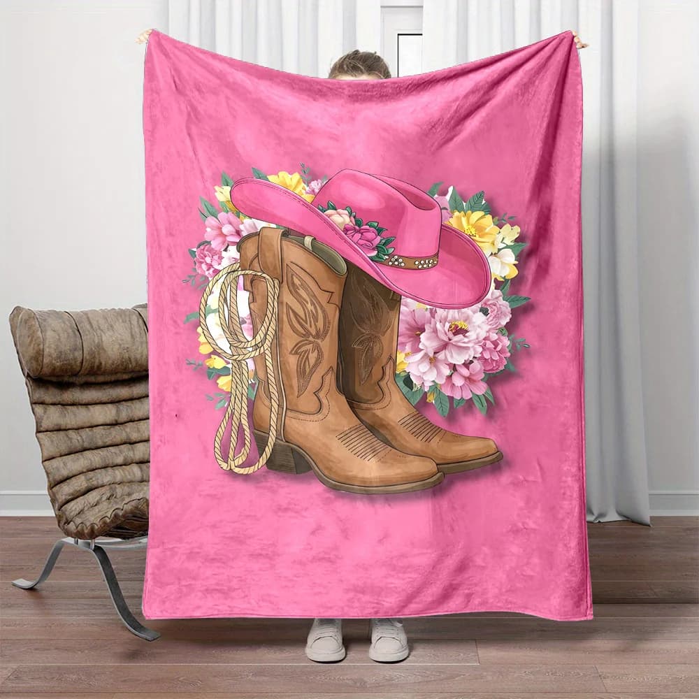Cappello da cowboy occidentale e coperta in flanella con stampa di stivali con tacco alto - Poliestere, reversibile, stampa digitale, morbida e resistente