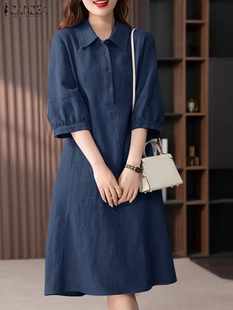 ZANZEA Women's Cotton Shirt Dress 2024 Summer Waist Dresses with neck Korean Office Sleeve 3/4 Midi Dresses Elegant Bottoni Solide Robe