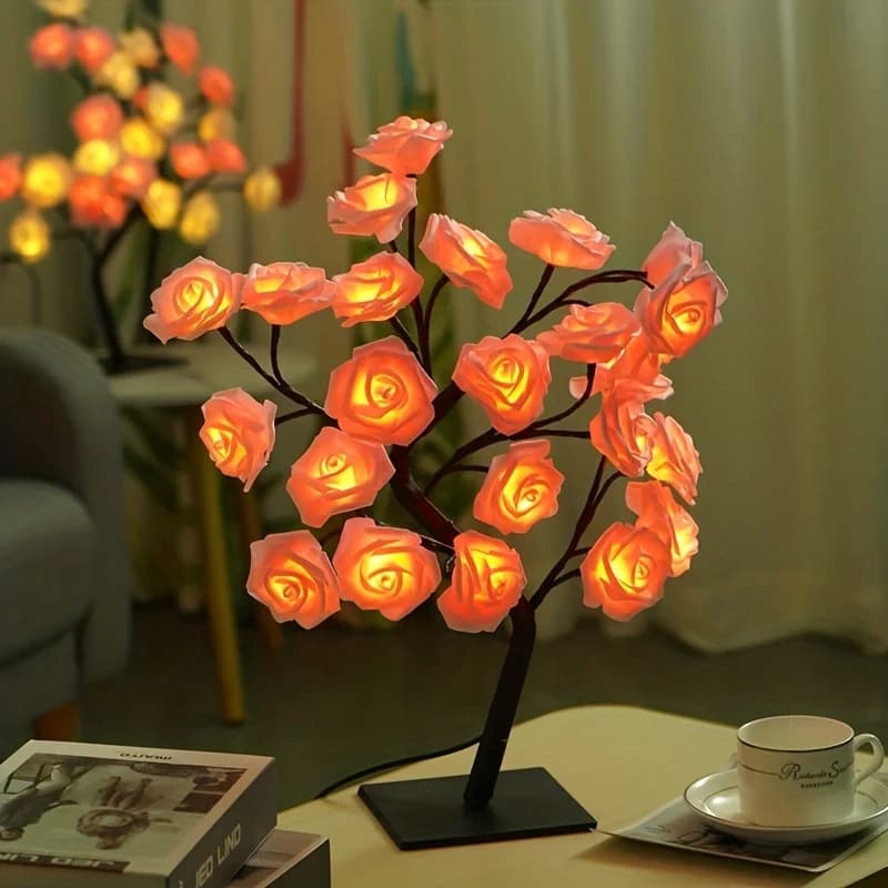 Lampada da Tavolo LED a Forma di Albero di Rose, Alimentata USB, Luce Notturna con Fiori Artificiali per Camera da Letto, Soggiorno, Feste, Matrimoni, San Valentino, Decorazione