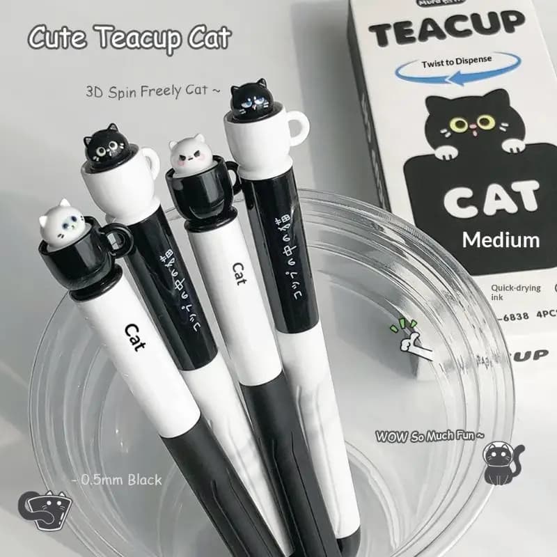 Penna Gel Girevole a Forma di Gatto (1/4 Pezzi Assortiti) - Simpatiche Penne Gel Gatto Tazza da Tè da 0,5 mm, Divertenti Penne a Tema Animale ad Asciugatura Rapida per Scuola e Ufficio