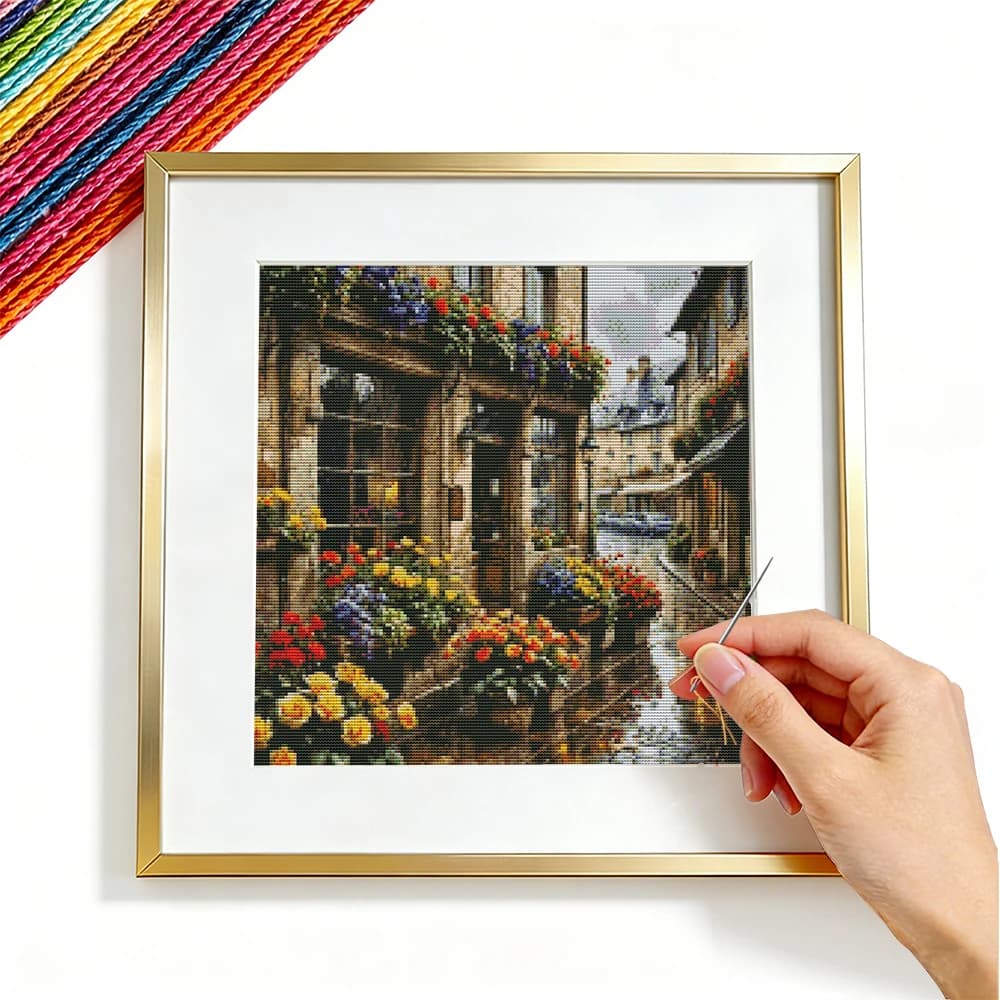 Kit per Ricamo a Punto Croce, Paesaggio Urbano, 11CT, Hobby Decorativi, Fiori di Rosa, Filo DMC, Dipinti, Lavori di Ricamo