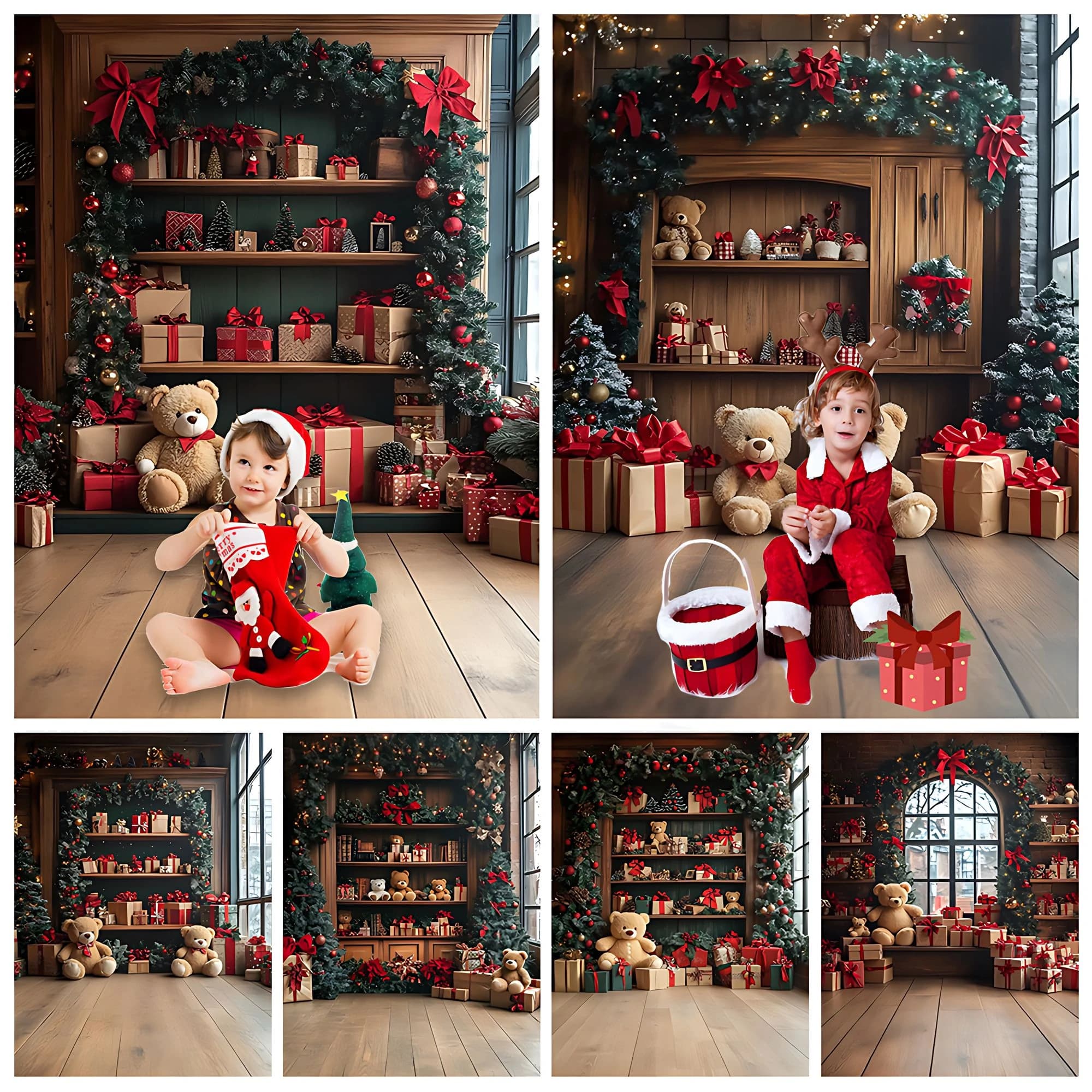 Bambola di natale orso fotografia sfondo regali albero parete casa pavimento in legno bambini Baby Photo Shoot Prop decorazione della stanza regalo