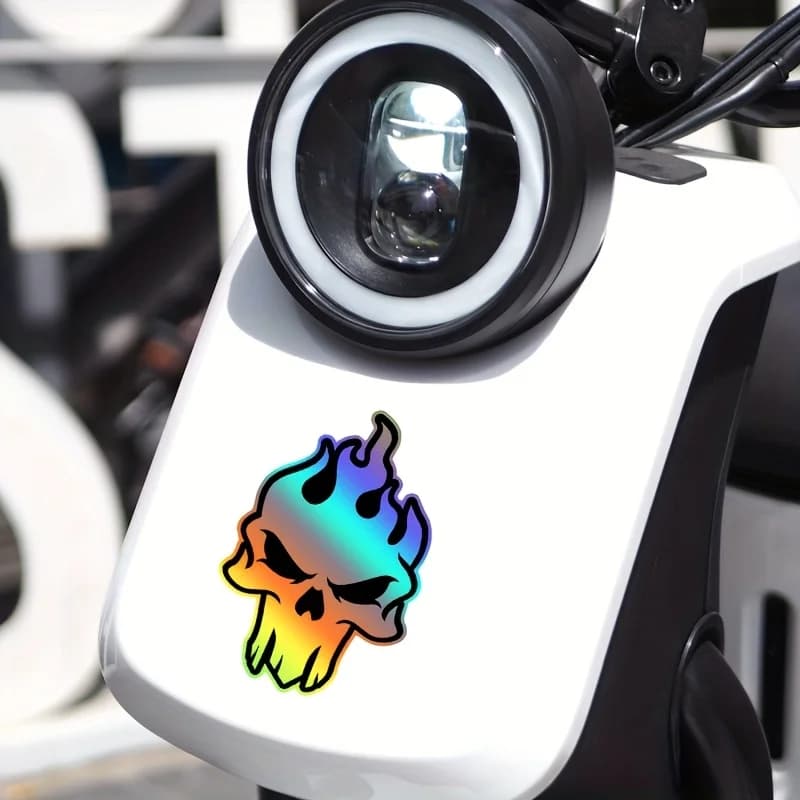 2Pcs Holographic Flame Skull Stickers Waterproof UV Vinyl Decals For Motorcycle Bike Car Helmet JDM Decor