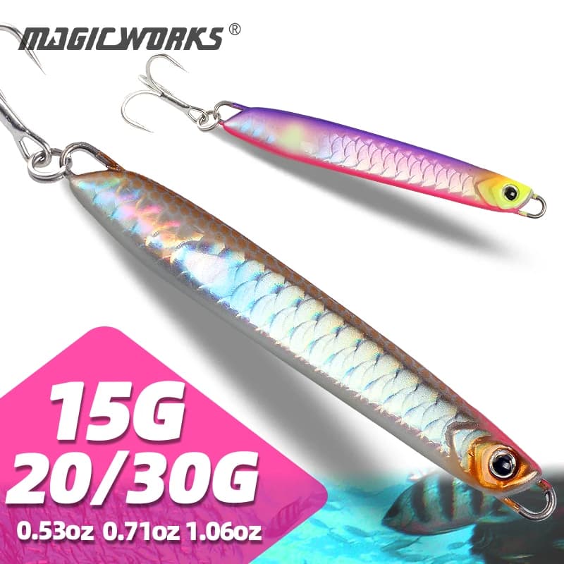 Magic Works Jig 15g 20g 30g Maschere per la pesca Forniture Nuova esca in metallo Spigola artificiale Esche da jigging Esche persico d'acqua salata