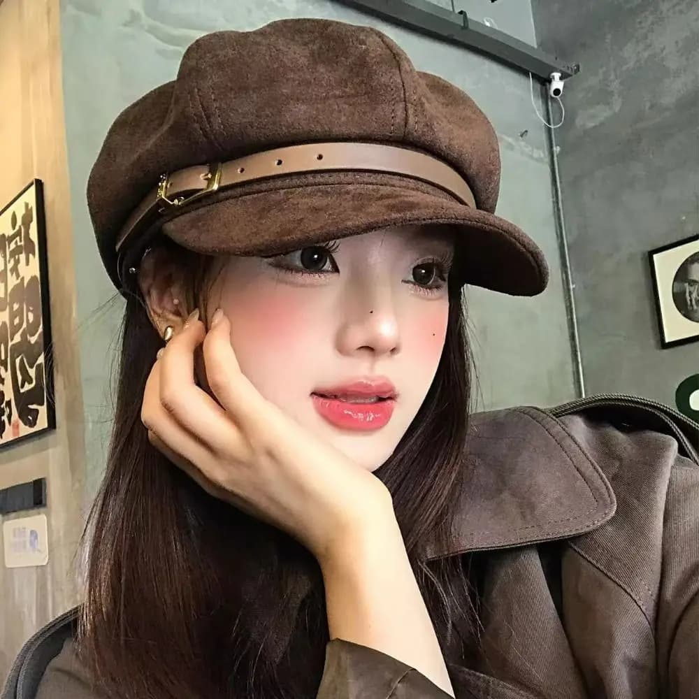 Casual British Style Pu Leather Beret Belt Buckle Brown Suede Octagonal Hat Korean Style Newsboy Cap Painter Hat Streetwear