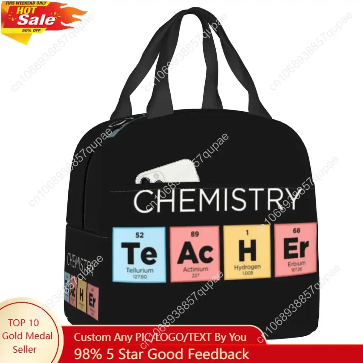 Borsa per il pranzo isolata con tavola periodica per insegnanti di chimica per bambini Science Lab Tech Dispositivo di raffreddamento termico portatile Scatola per il pranzo per alimenti Scuola