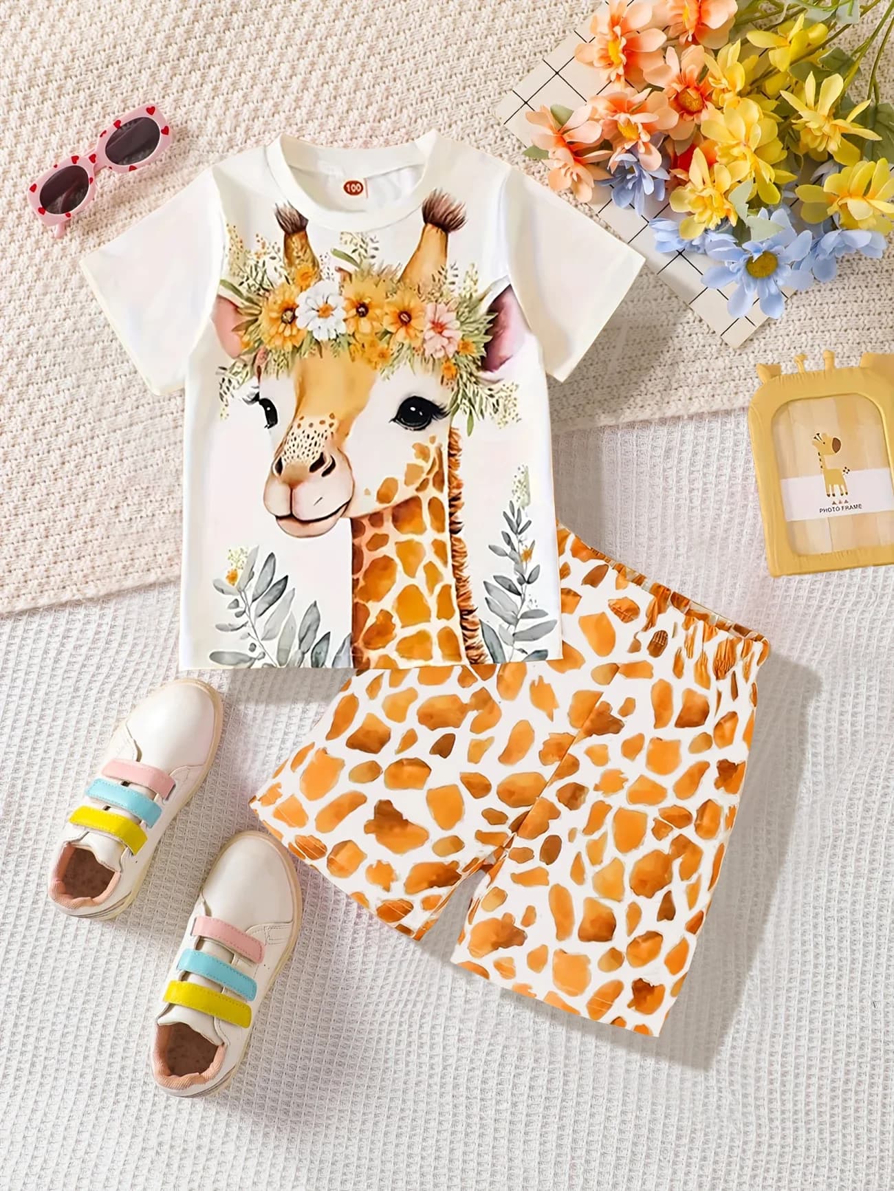 Set estivo a maniche corte e pantaloncini stampati con motivo giraffa vivace e carino, adatto ai bambini per uscire e giocare