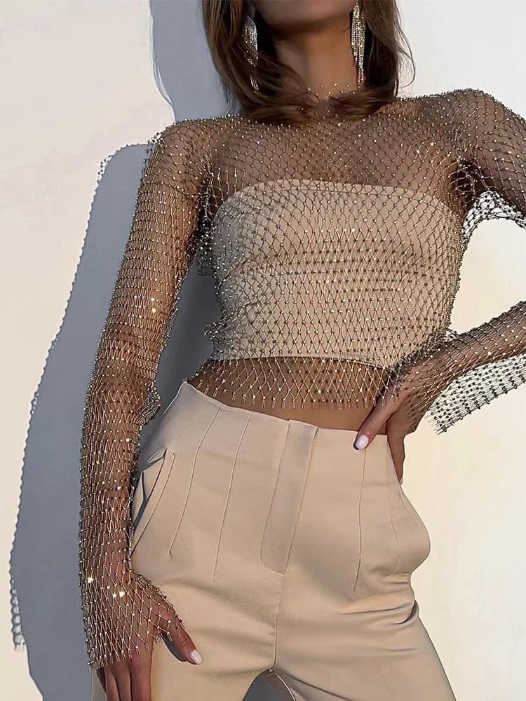 T-shirt da donna sexy in rete trasparente con strass lucidi a rete scava fuori crop top manica lunga copricostume da spiaggia canotte da party club