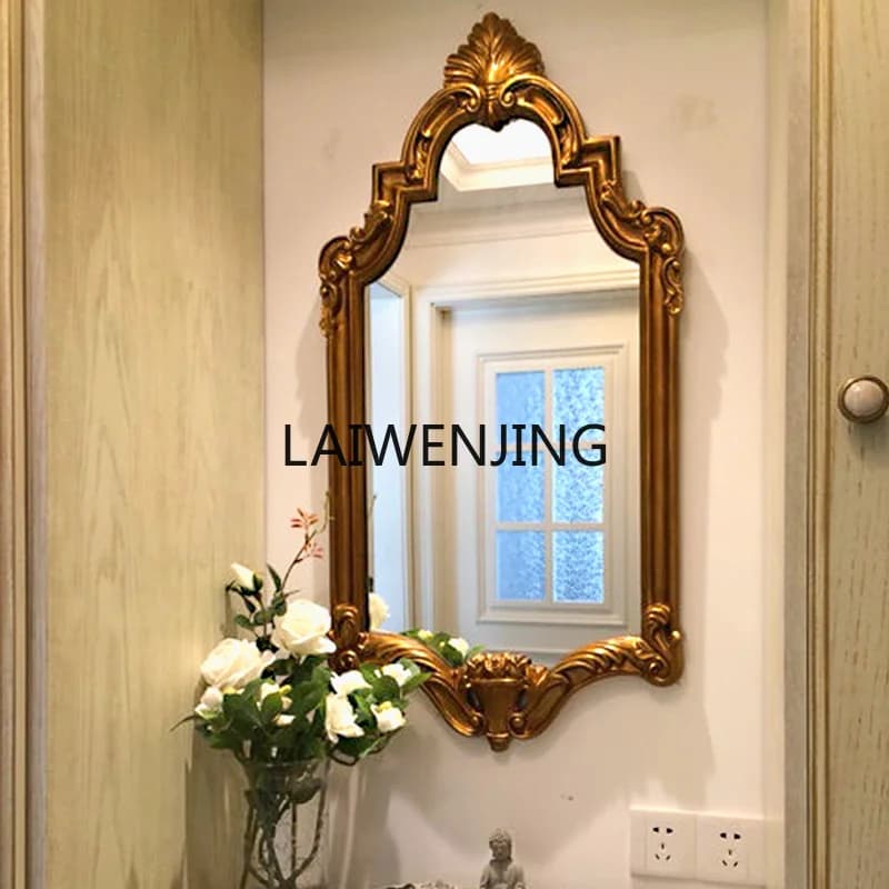 MJY Specchio cosmetico da bagno dorato in stile europeo, lavabo da parete, vecchio specchio cosmetico inciso