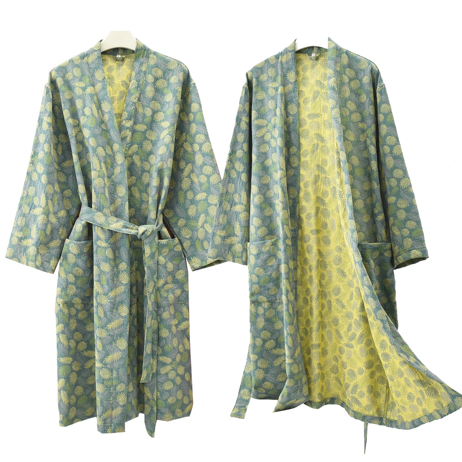 Couples Pure Cotton Nightwear Kimono Bathrobe Long Sleeve V Neckline Nightwear with Belt Pocket 2025 New Men and Women Home Clothes