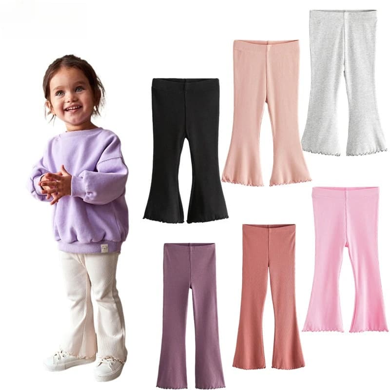 Leggings a zampa d'elefante per ragazze primavera/autunno – Pantaloni elasticizzati a tinta unita, pantaloni morbidi in maglia per bambini, pantaloni a zampa d'elefante in stile coreano