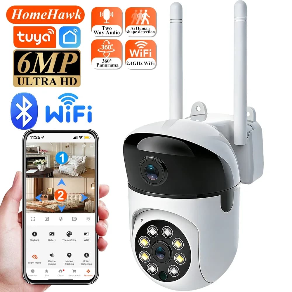 Telecamera Interna WiFi Tuya Smart Life 6MP con Doppia Lente HD, Doppio Schermo, Tracciamento Automatico AI, PTZ, Telecamera di Sicurezza Wireless per Videosorveglianza